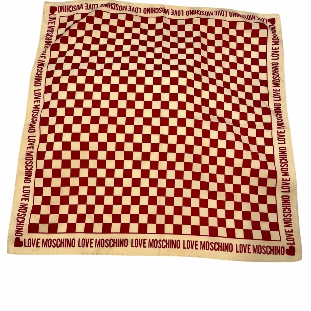 Love Moschino Red & Cream Checkerboard Silk Scarf